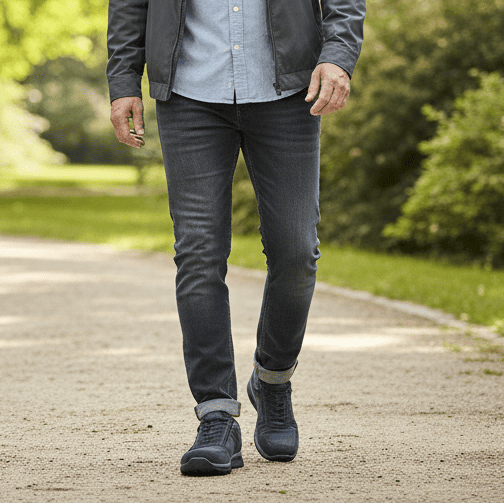 Navy lace-up casual shoes worn with dark jeans