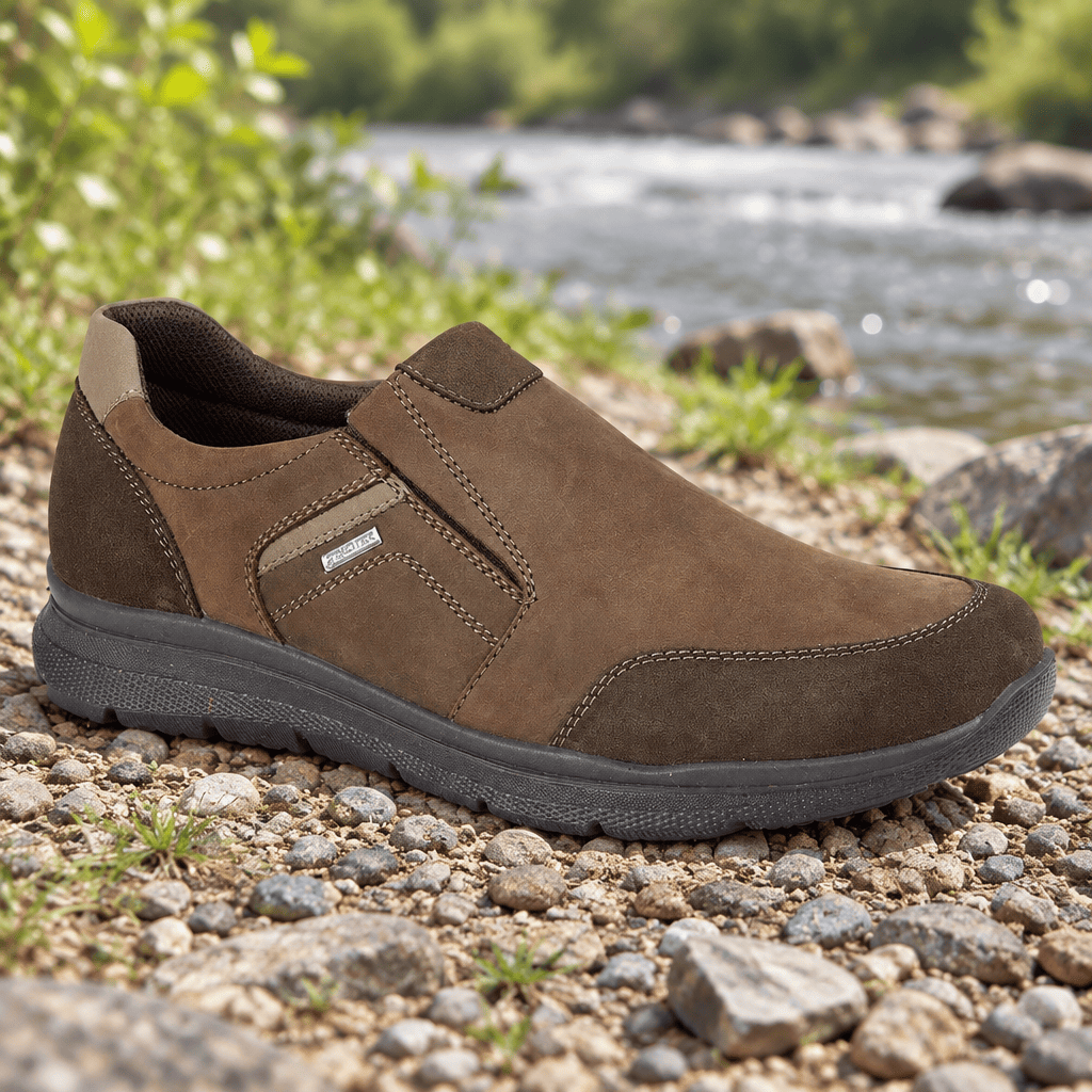 Men's brown suede waterproof slip-on shoes with stitched side panels and dark rubber sole
