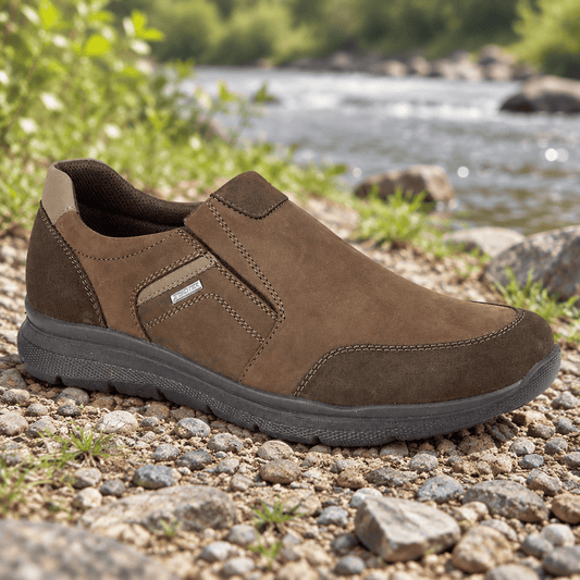 Men's brown suede waterproof slip-on shoes with stitched side panels and dark rubber sole