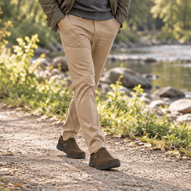 Men's brown slip-on waterproof shoes with dark rubber sole, stitched toe and side panels