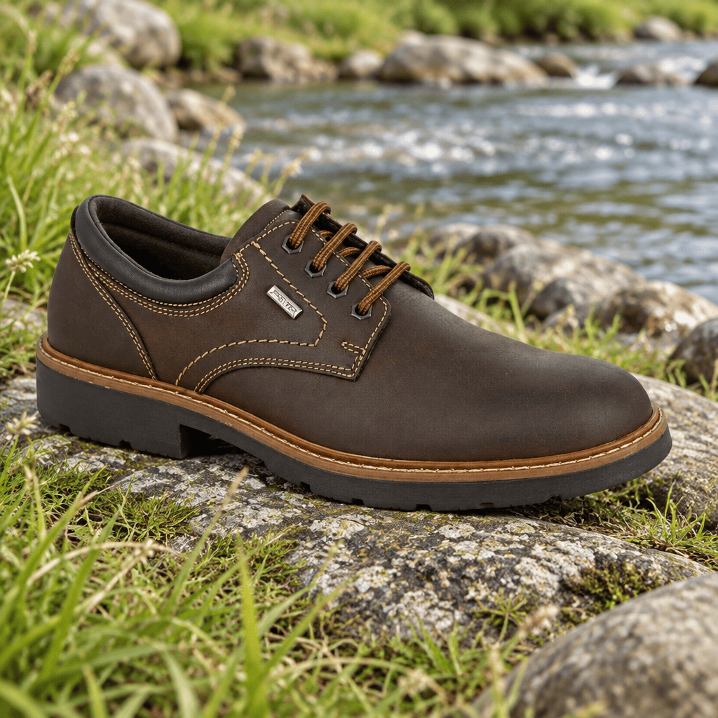 Imac brown lace-up shoe with padded collar and contrast stitching, rugged dark sole