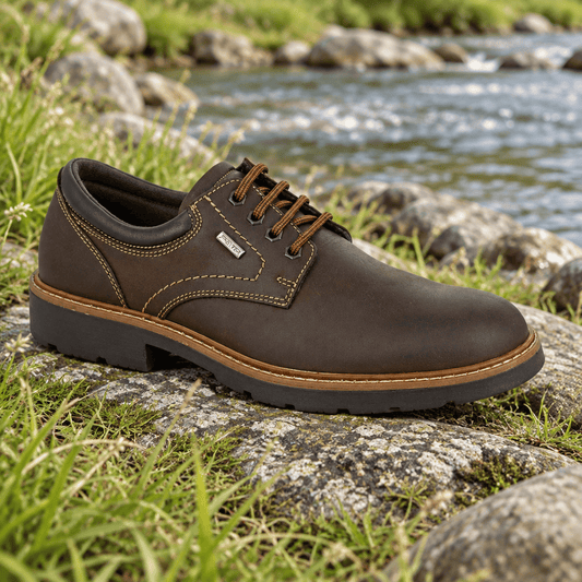 Imac brown lace-up shoe with padded collar and contrast stitching, rugged dark sole