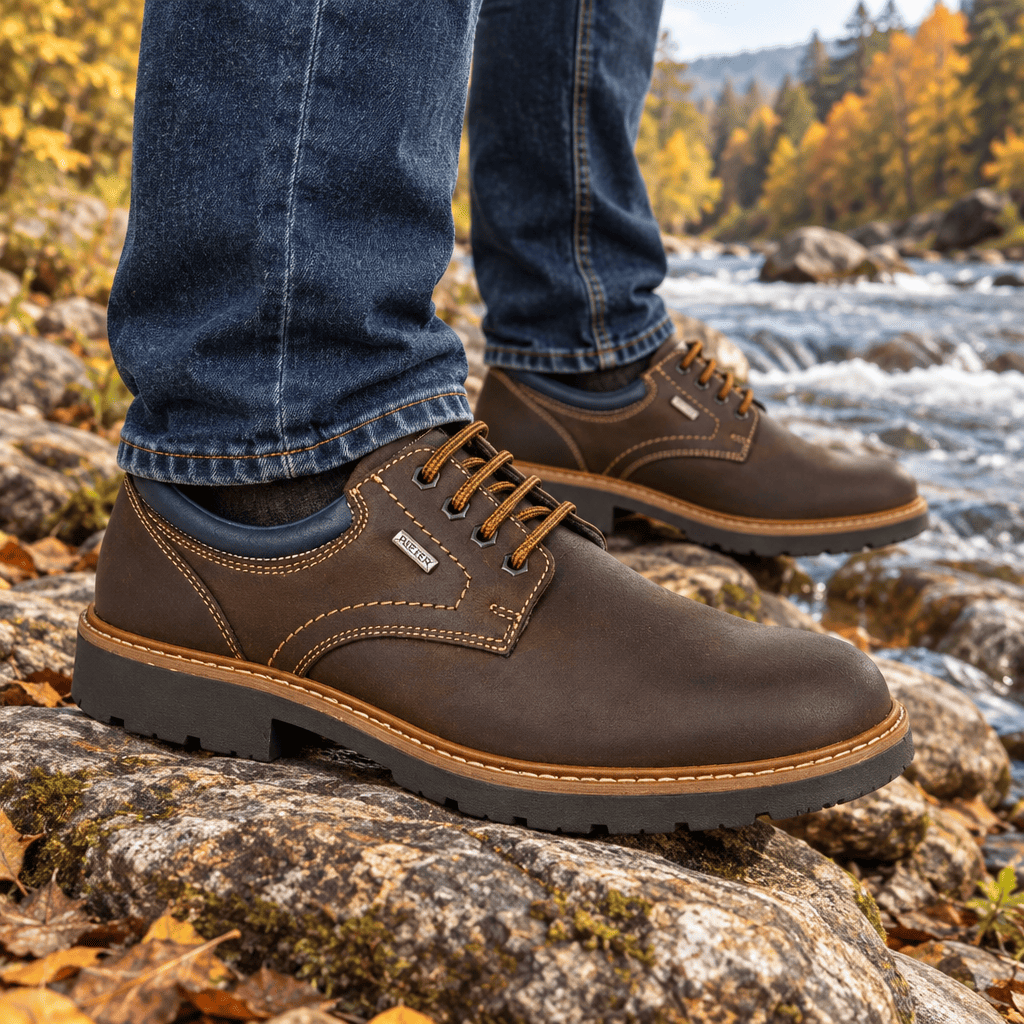 Imac brown lace-up shoe with contrast eyelets, thick sole, and stitched side panel