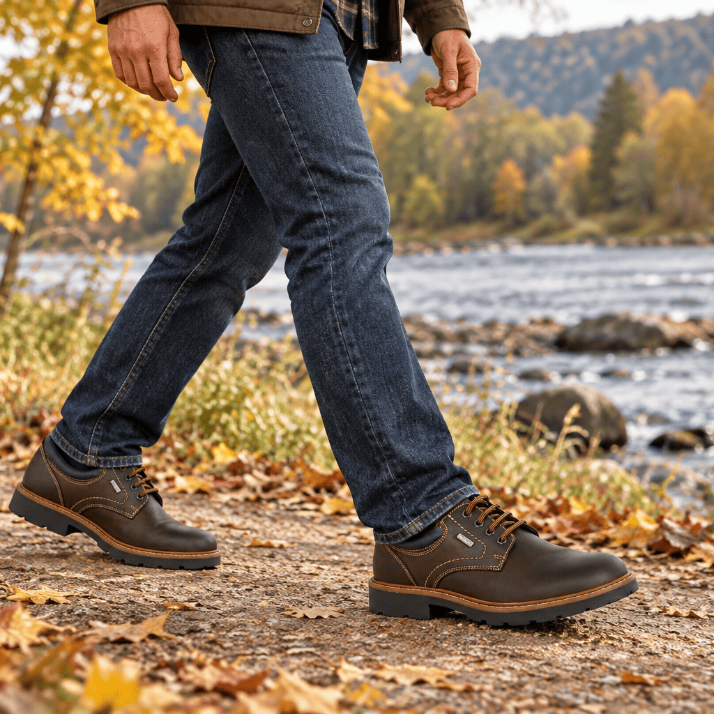 Imac brown lace-up shoe with rugged sole, shown on feet with blue jeans