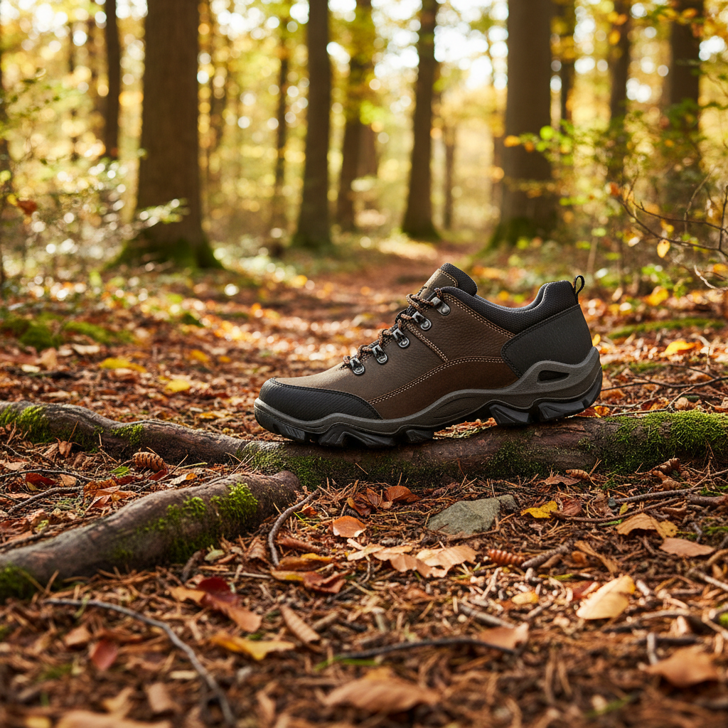 Brown hiking shoe on a forest floor with sunlight filtering through the trees