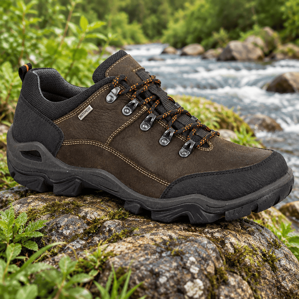 Men's brown waterproof lace-up shoe with padded collar and rugged tread sole