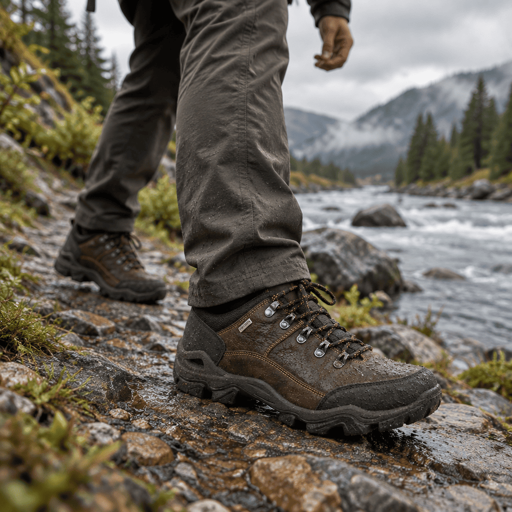 Men's brown lace-up hiking shoe with thick rubber sole on rocky terrain