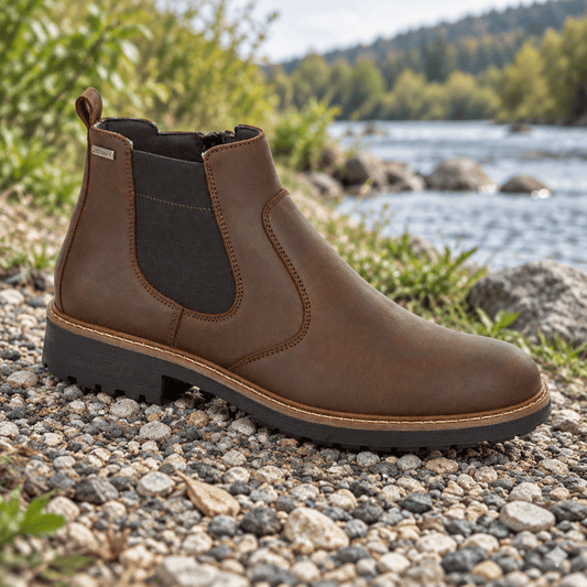 Men's brown leather Chelsea ankle boots on rugged black rubber sole