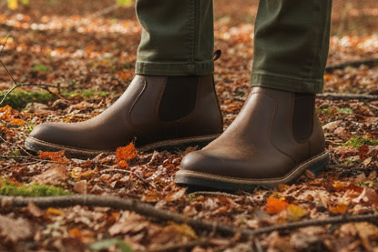 Brown boots worn with green pants on a forest floor