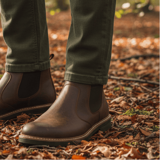Men's brown leather ankle boots with elastic side panels and rounded toe