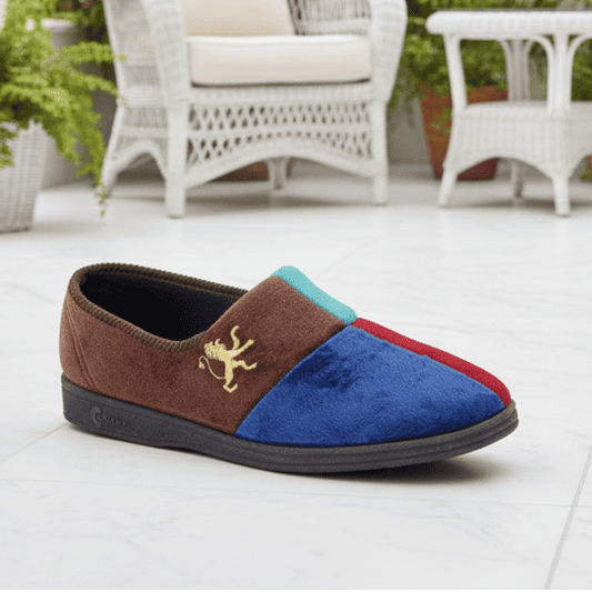 Men's slip-on slippers with brown, blue, red, and green panels, moc toe, logo