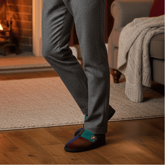 Men's multi-color slip-on slippers worn with dark trousers on wood flooring