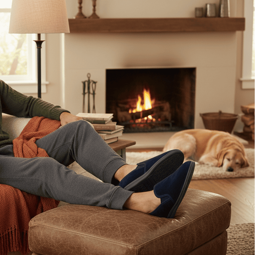 Navy slip-on sleepers with cushioned sole and textured grip bottom