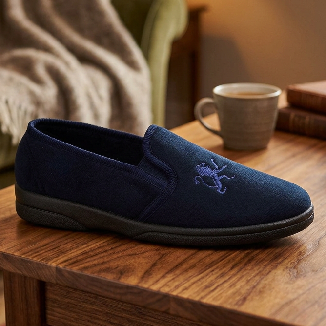 Men's navy twin-gusset slipper with embroidered dragon logo and rubber sole