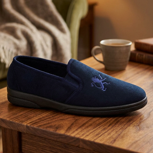 Men's navy twin-gusset slipper with embroidered dragon logo and rubber sole