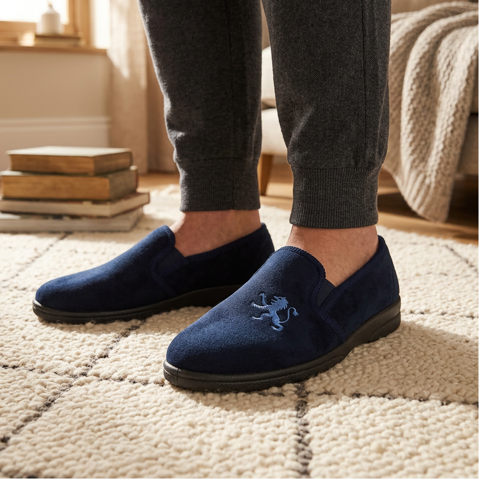 Pair of men's navy twin-gusset slippers with embroidered dragon logo and rubber sole