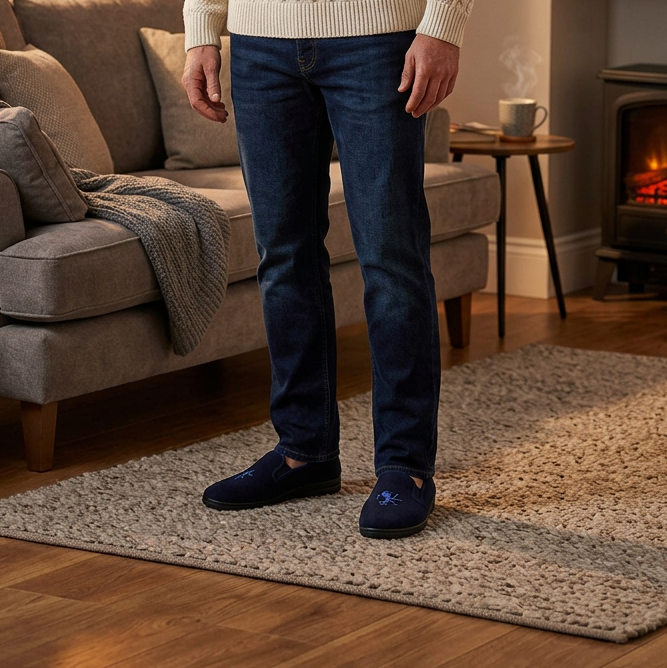 Men's navy twin-gusset slipper slip-on worn with jeans, embroidered dragon on top