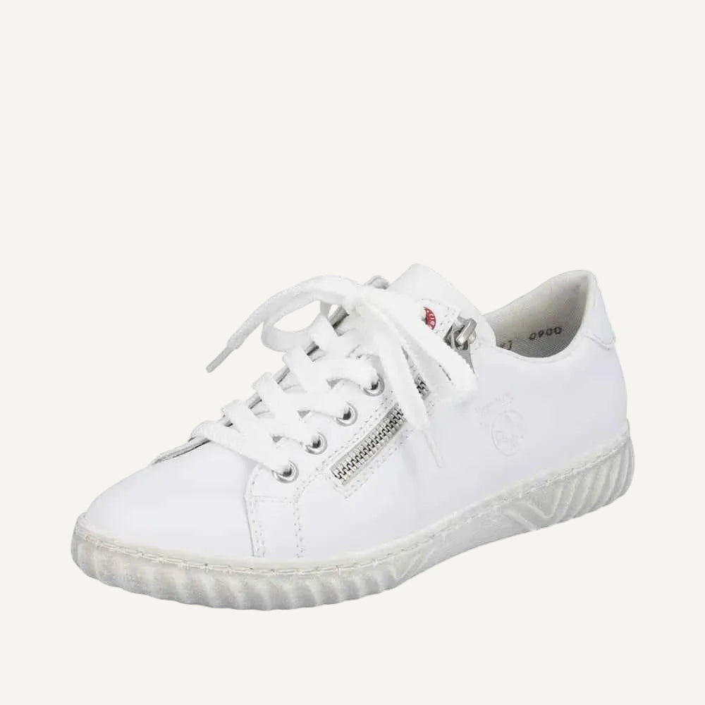 White Rieker casual sneaker with lace-up and side zipper made for comfort by Woodley's Shoes