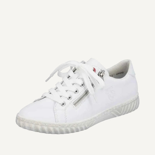 White Rieker casual sneaker with lace-up and side zipper made for comfort by Woodley's Shoes