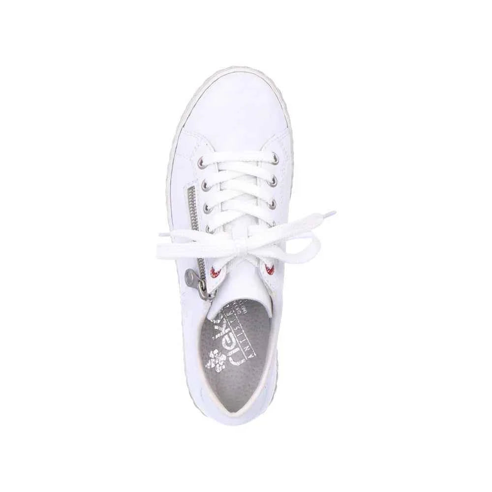 Top view of white Rieker sneaker with lace-up closure and side zipper detail from Woodley's Shoes