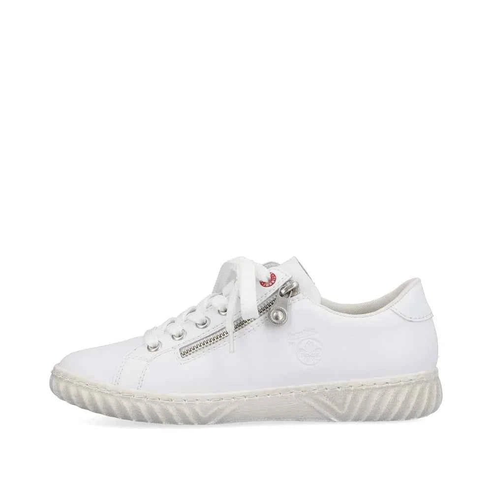 Rieker white leather sneaker with side zipper and lace-up design from Woodley's Shoes
