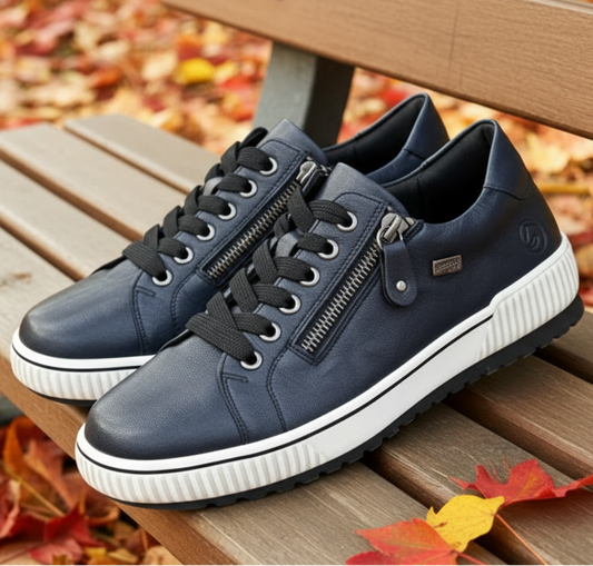 Remonte lace-up sneakers pair in dark blue with white striped sole and zippers