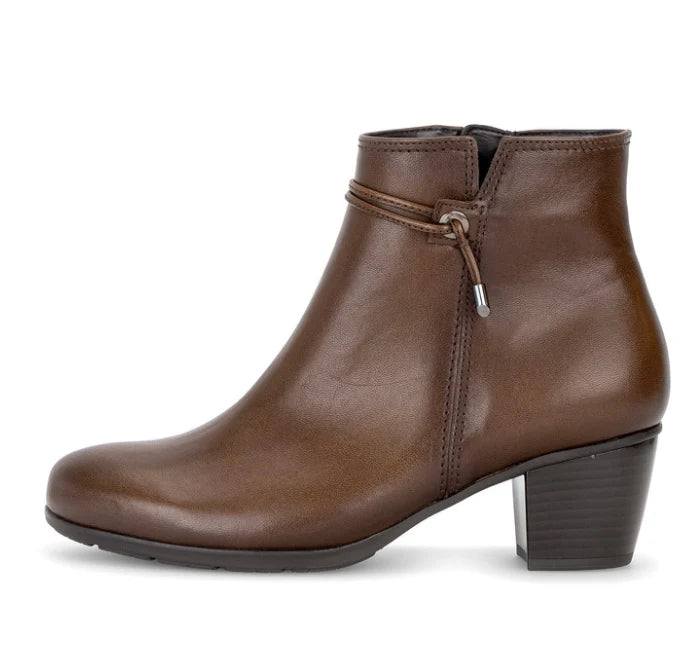 Tan leather ankle boot with side zipper and low block heel