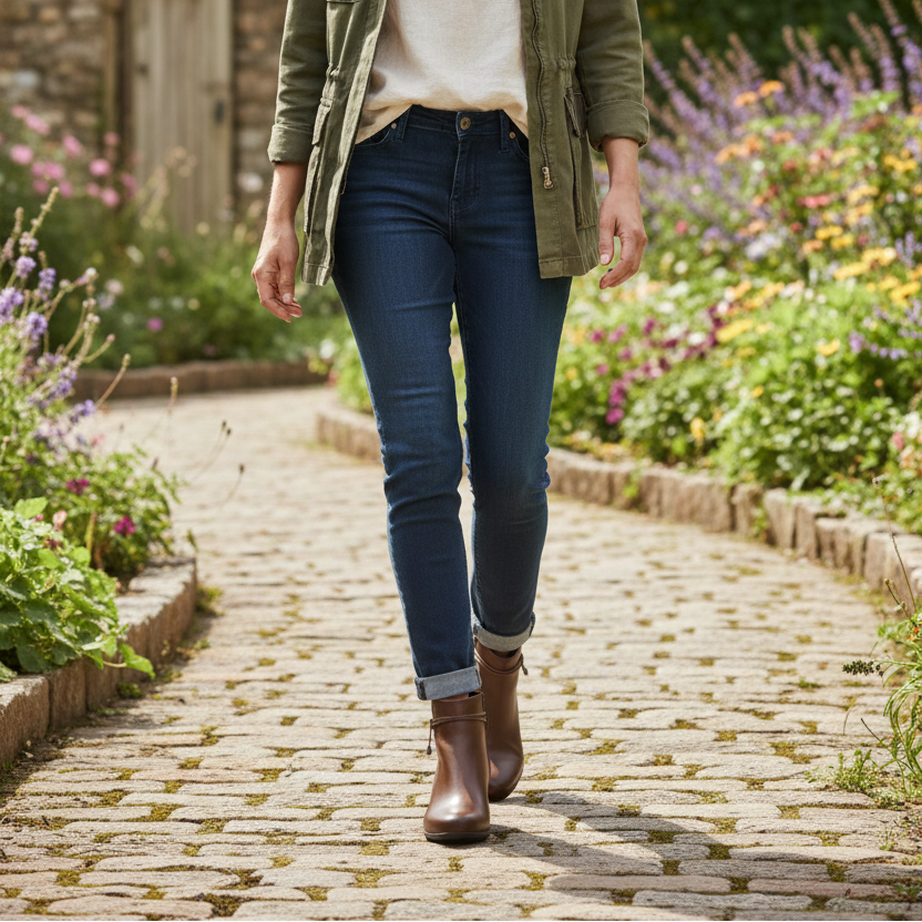 Tan ankle boots with side zipper and block heels worn with dark jeans