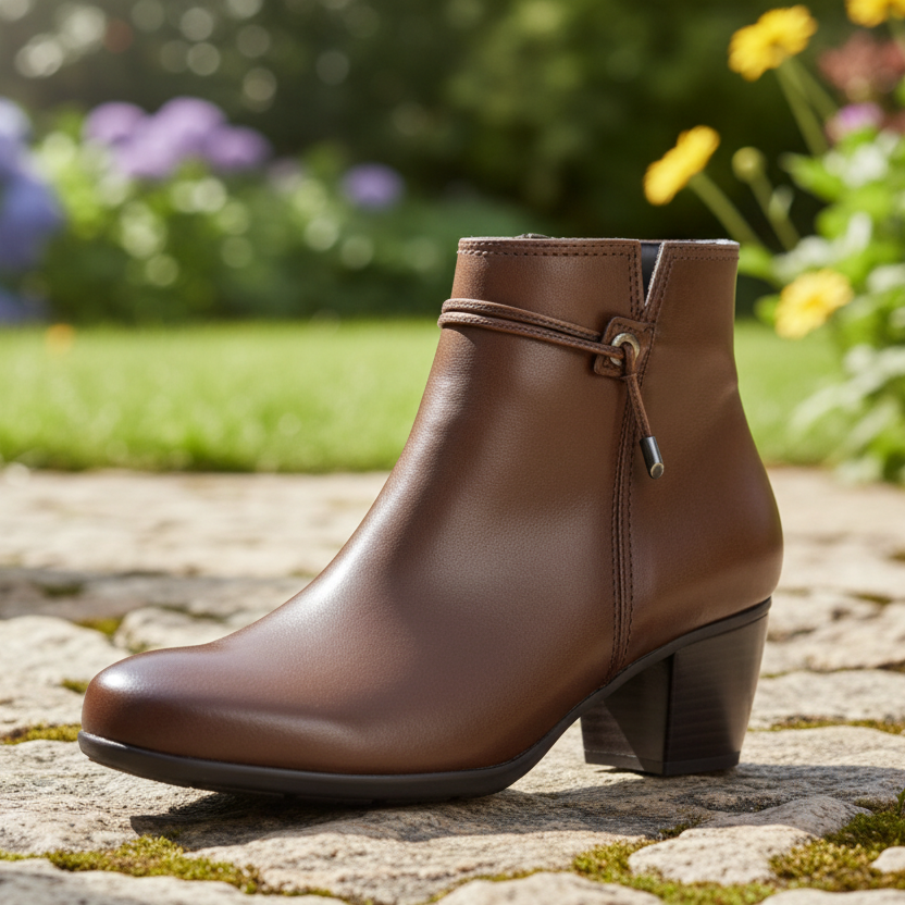 Tan leather ankle boots with side zipper and block heels on stone path