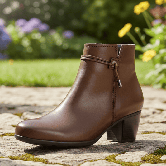 Tan leather ankle boots with side zipper and block heels on stone path