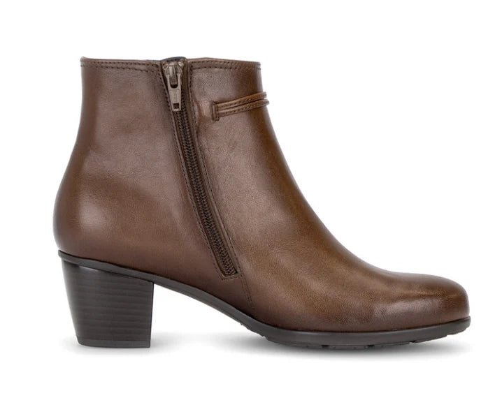 Tan leather ankle boot side view with zipper and mid block heel