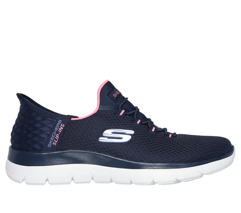 Skechers navy blue slip-on sneaker with white sole and pink accents for women