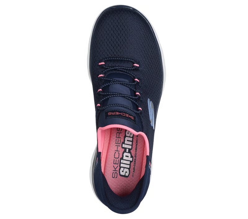 Top view of navy blue Skechers Slip-ins athletic shoe with pink accents and breathable mesh upper