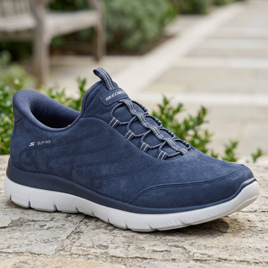 Navy suede-look Skechers lace-up sneaker with white sole and padded ankle collar