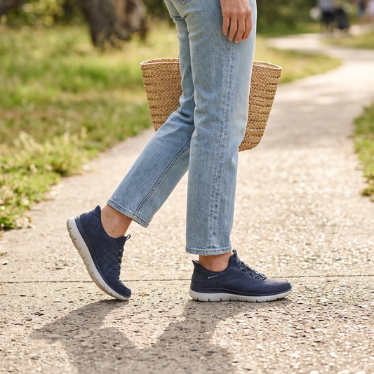 Navy Skechers trainers worn with light blue jeans and white rubber soles