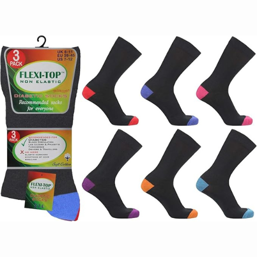 Set of black socks with colored toes and heels, and a Flexi-Top packaging.