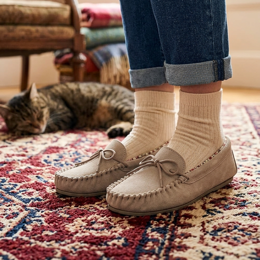 Stone women's moccasin slippers with bow-tie laces, suede-like upper