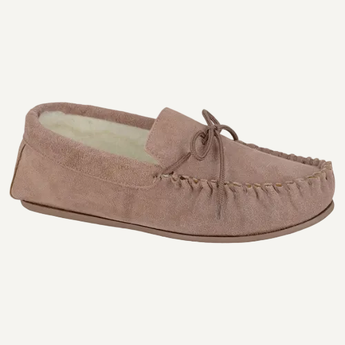 Brown moccasin slipper with a white interior on a white background