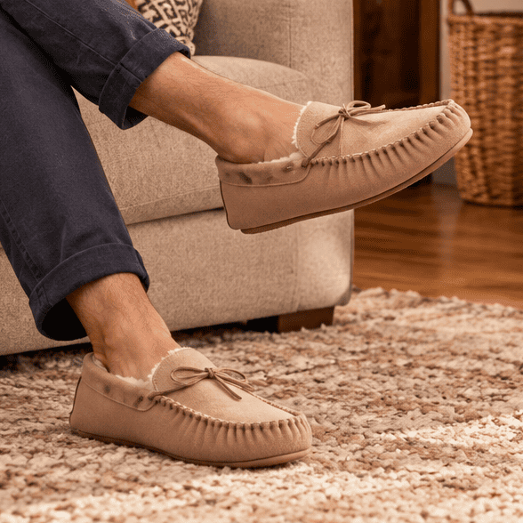 Men's camel moccasin slipper, tied bow lace front and moc toe stitching, side view