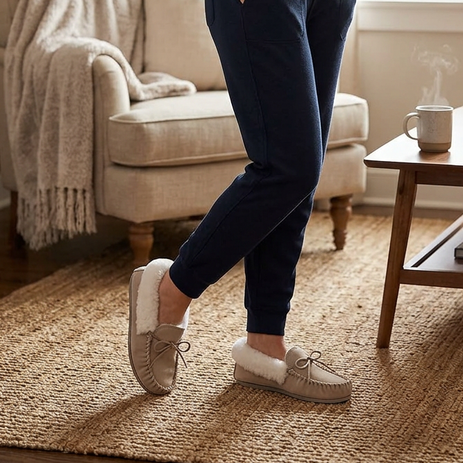 Women's stone moccasin slippers with sherpa lining, worn with dark pants