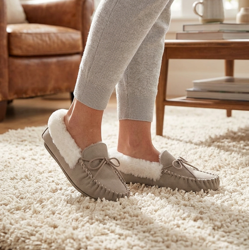 Women's stone moccasin slipper with tan suede, sherpa lining and bow-tie detail