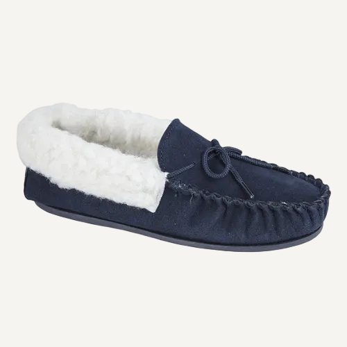 Navy blue moccasin slipper with white fur lining on a white background