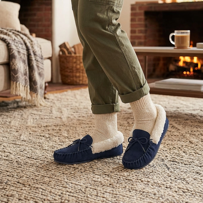 Women's navy moccasin slippers with plush lining and bow-tie detail