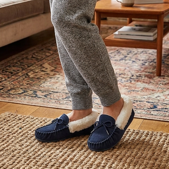Women's navy moccasin slippers with plush lining and bow-tie detail, with gray pants