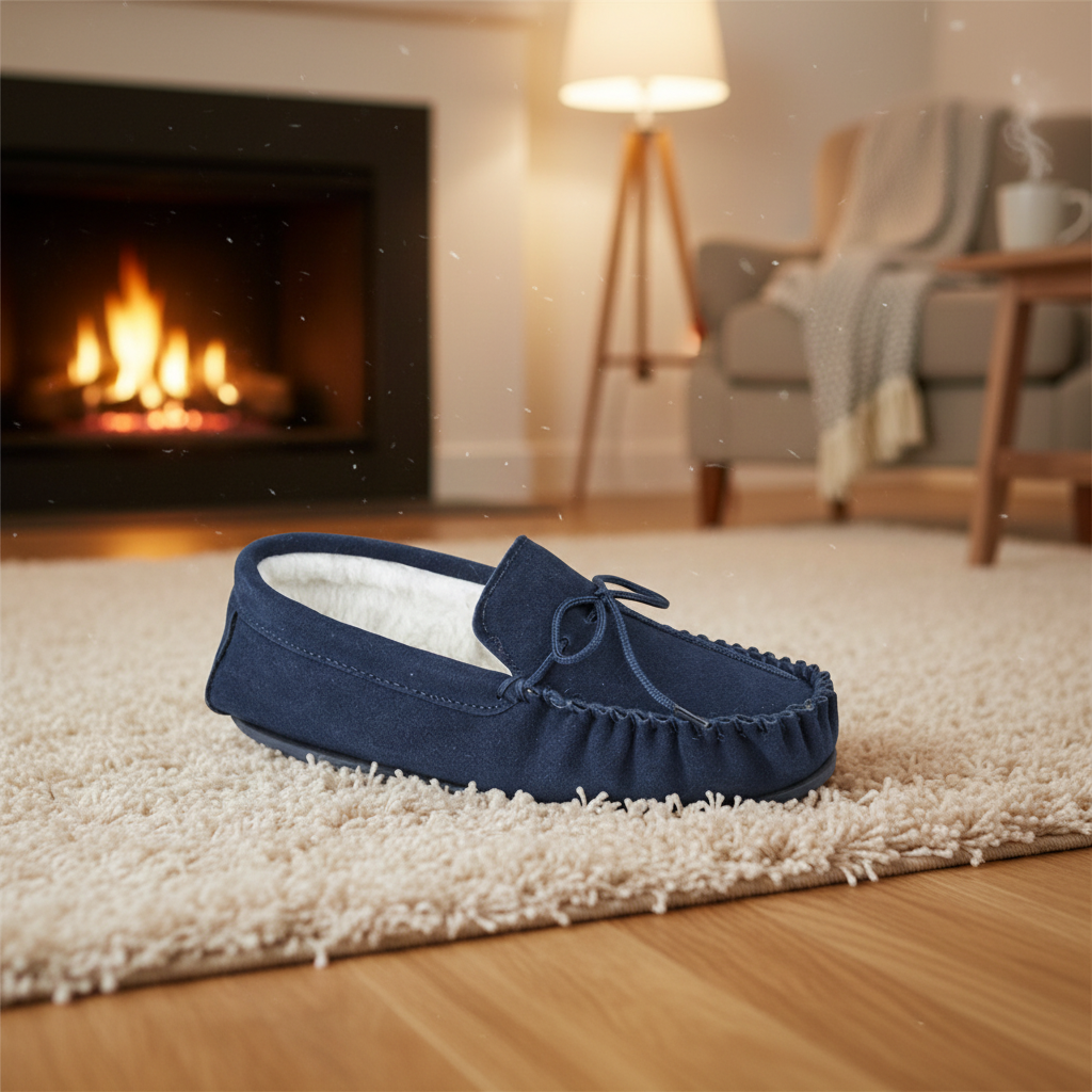 Navy blue slipper on a white rug in front of a fireplace