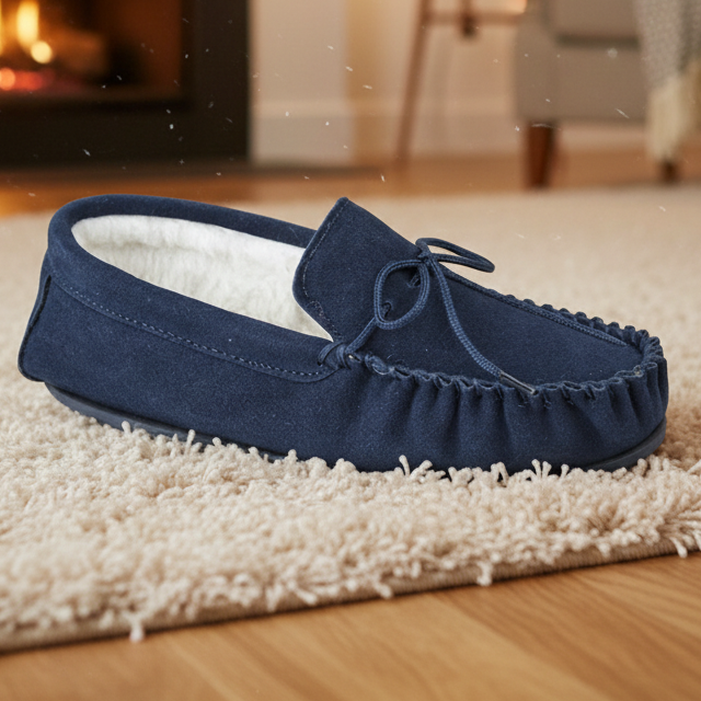 Navy blue slipper on a white rug in front of a fireplace