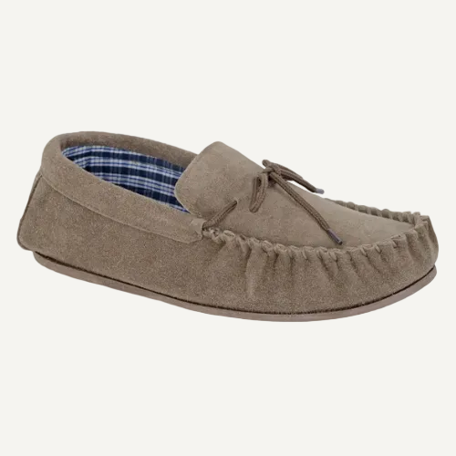Brown moccasin slipper with plaid lining on a white background