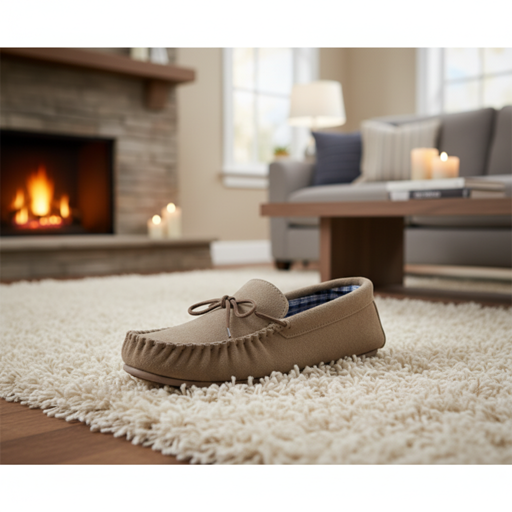 Brown moccasin slipper with plaid lining on a white background