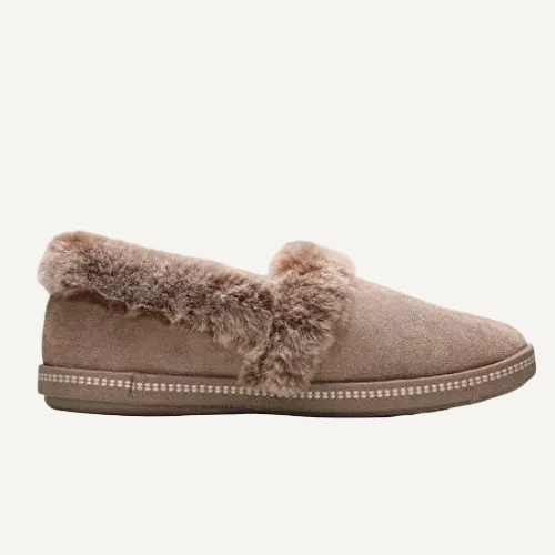 Brown slipper with fur trim on a white background