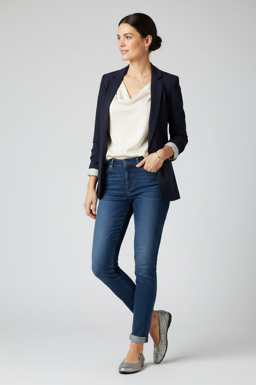Woman wearing a navy blazer, white top, and blue jeans on a light gray background